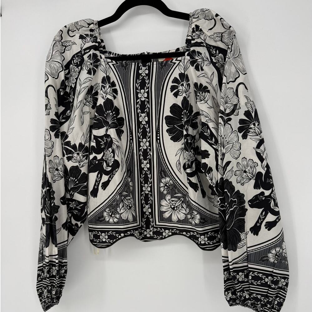 Farm Rio Floral Leopards Long Sleeve Blouse Balloon Sleeve Black White Medium M